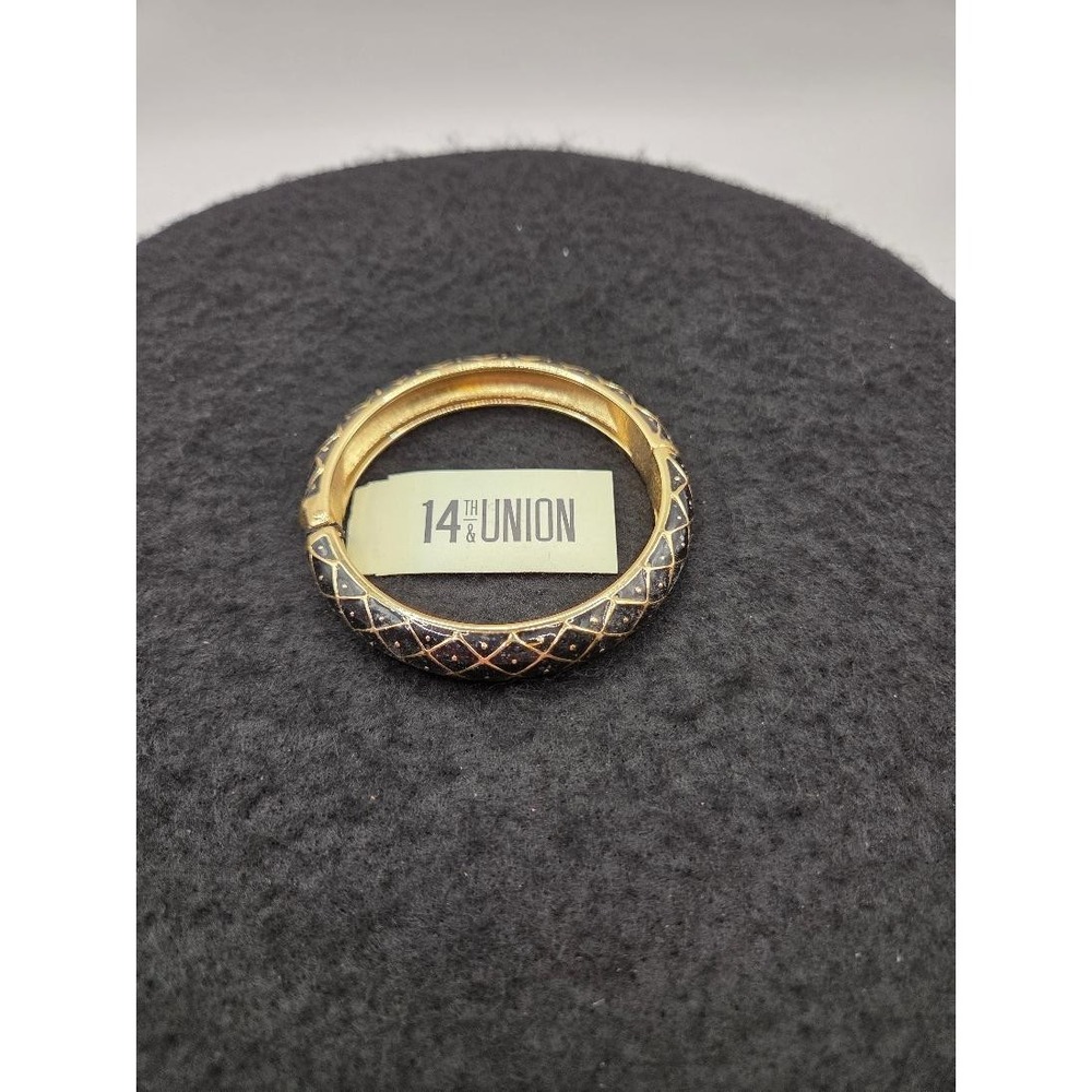 14th & Union Gold Tone Bangle Bracelet Black Enamel Lattice Pattern Sparkle Glam